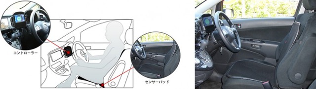 「体調ナビ ドライブリズムマスター」の設置イメージ。ドライバーズシートにセンサーパッドを敷き、コントローラーを見やすい場所に設置するだけでOK（撮影：防犯システム取材班）