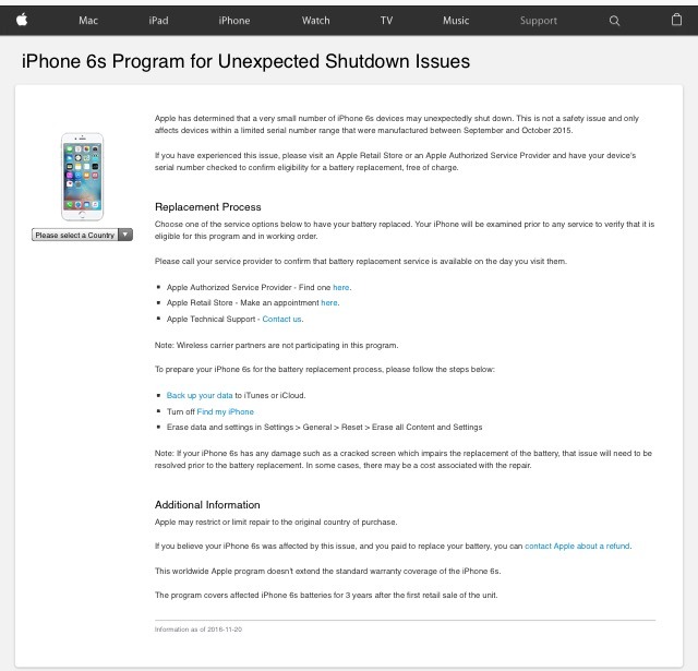 Apple、「iPhone 6sが予期せずシャットダウンしてしまう不具合」に対応するリペアプログラム発表