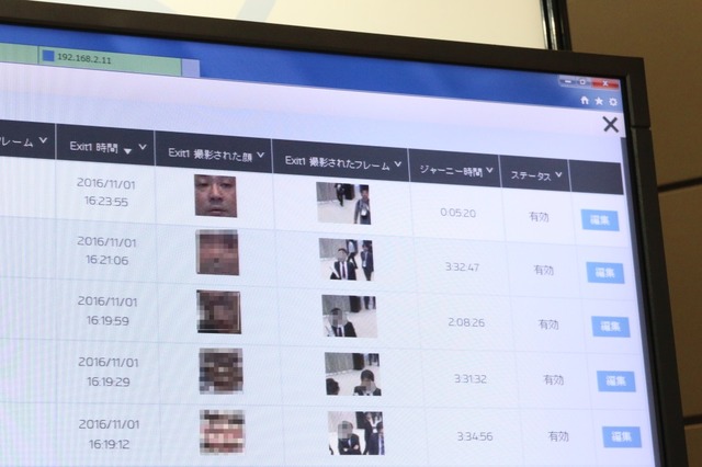 表示画面には、各ポイントで撮影された顔画像のサムネイルの他、入場＆退出時間、各ブースの立ち寄り時間などが表示されていた（撮影：防犯システム取材班）