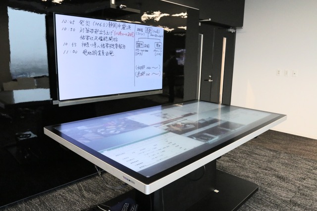 「xSync Table（バイシンク テーブル）」は、既存のリアルなホワイトボードの代わりに、デジタルホワイトボードとして活用したり、大型ディスプレイとして活用することができる（撮影：防犯システム取材班）
