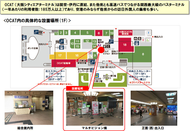 本実証実験は大阪市浪速区の大阪シティエアターミナル（OCAT）で実施される。設置場所は1階総合案内所前のマルチビジョン横（画像はプレスリリースより）