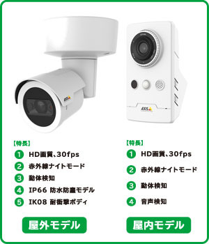 同セットで採用される監視カメラは、AXIS製の屋外モデルと屋内モデル（画像はプレスリリースより）