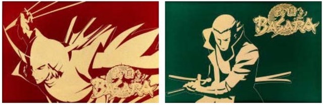 「戦国BASARA玉虫塗絵はがき」でデザインは左が「伊達政宗」、右が「片倉小十郎」（映像提供(C)CAPCOM/TEAM BASARA）