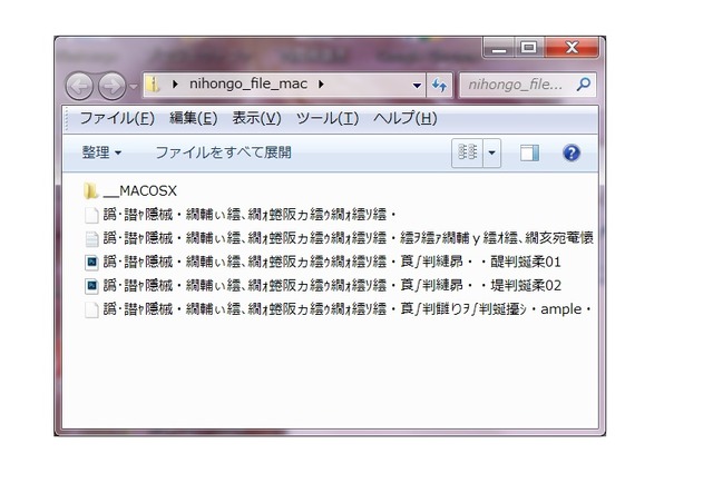 Macの標準圧縮機能で作ったzipファイルをWindowsで開くとこの通り。ファイル名が判別不能なまでに文字化けしてしまった。「_MACOSX」は、Macでは不可視の不要なファイル。