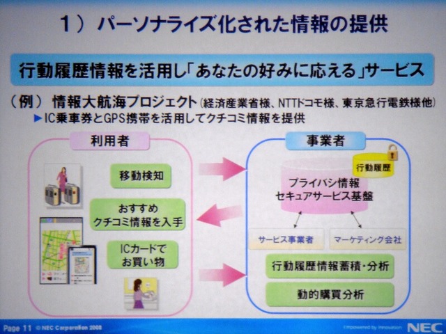 経済産業省、NTTドコモ、東京急行電鉄が共同で行っている行動履歴を活用した情報配信の実証実験の概要。ICカードでユーザの移動を検知し、携帯電話に適切な情報を配信する