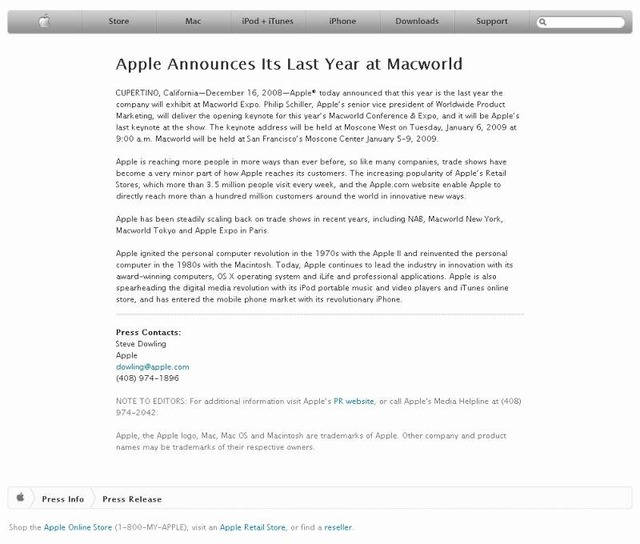 アップルによるMacworld不参加についての発表（英文）