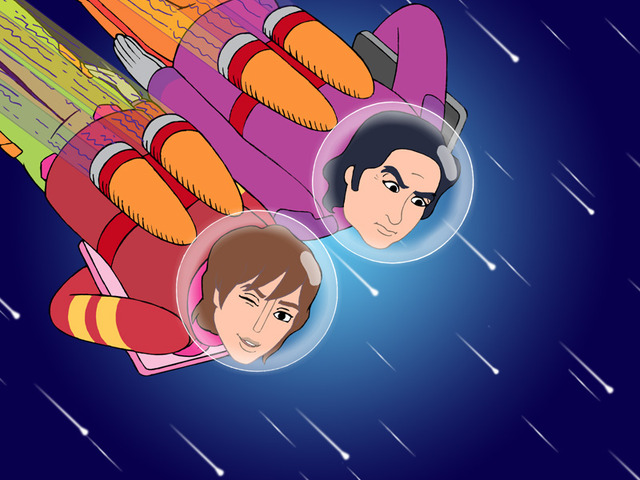 広大な宇宙空間を2人が飛びまわる