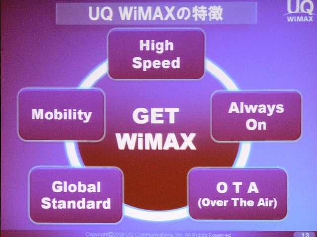 UQ WiMAXの特徴。「High Speed」（高速通信）、「Mobility」（携帯性）、「Global Standard」（世界標準）、「Always On」（いつでもつながる）など