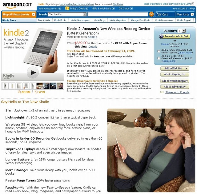 「Kindle 2」予約販売ページ。価格は359ドル