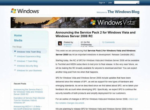 Windows Vista /Server 2008 SP2について言及した、公式プログへのポスト（画像）