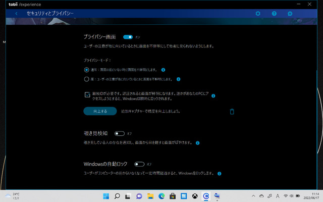 「Tobii Experience」の設定画面。各機能のオンオフやセキュリティの強度を調整できる