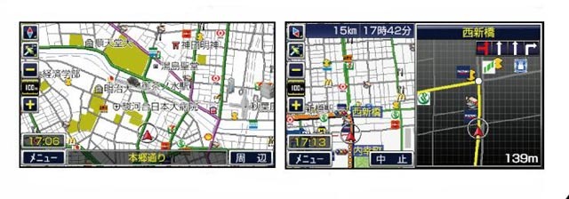 ゼンリン地図詳細表示（左）と、ルートだけをシンプルに表示する画面との2画面分割拡大表示（右）