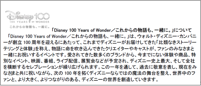 「Disney 100 Years of Wonder／これからの物語も、一緒に。」説明