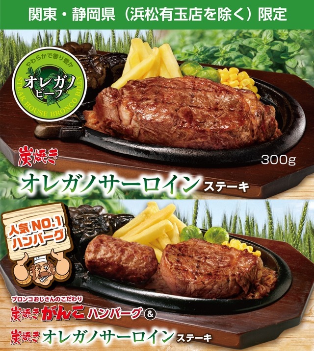 「炭焼きオレガノサーロインステーキ」「炭焼きがんこハンバーグ＆炭焼きオレガノサーロインステーキ」