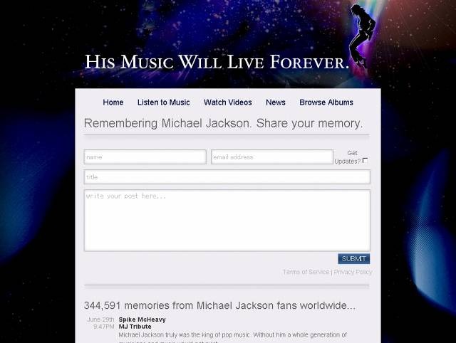 「www.michaeljackson.com」では追悼コメントを書き込めるようになっている