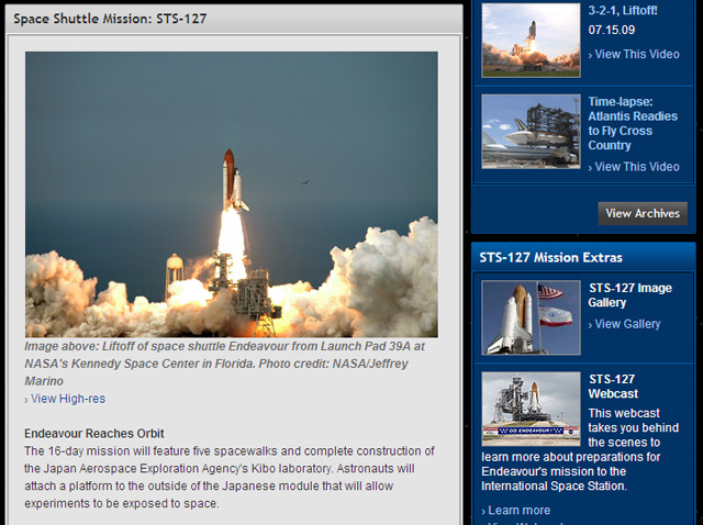 NASA公式サイト スペースシャトルページ
