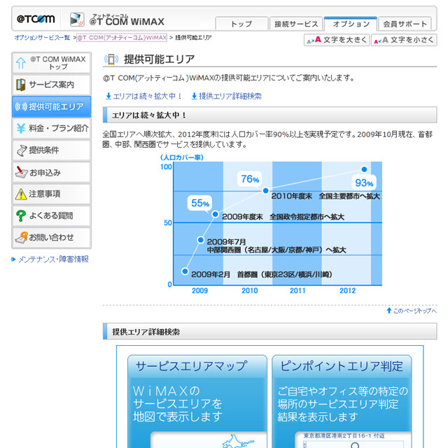 「＠T COM（アットティーコム）WiMAX」サービス提供可能エリアページ