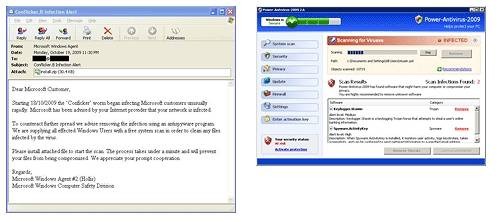 マイクロソフトの名を騙るスパムメール（左）と偽セキュリティソフト（右）