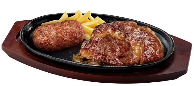 ブロンコおじさんのこだわり炭焼きがんこハンバーグ&炭焼き国産リブロースステーキ価格：300g　3,180円（税込3,498円）