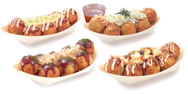 左上：チーズ明太子、 右上：ねぎだこ、 左下：創業以来人気No.1 「ぜったいうまい!! たこ焼」、 右下：てりたま