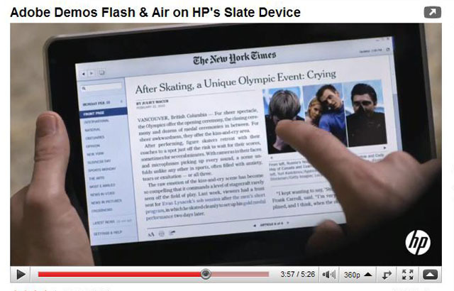 「HP’s Slate Device」のデモ映像から（電子新聞閲覧）