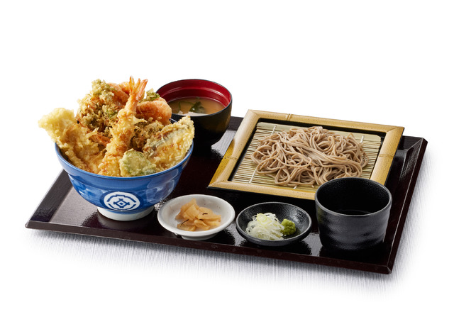 早春海老天丼（小）藪そばサービスセット（みそ汁付）サービスセット価格　1,400円（税込）