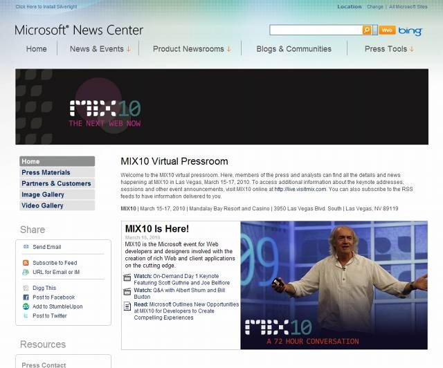 「MIX10 Virtual Pressroom」サイト（画像）