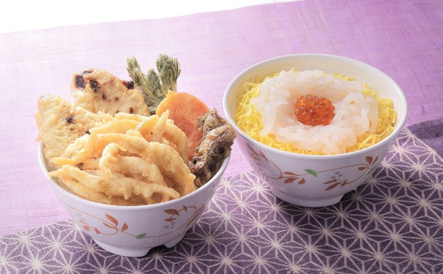 左：「富山スペシャル天丼」イートイン　1,870円　右：「白えび刺身丼」イートイン　3,300円（税込）