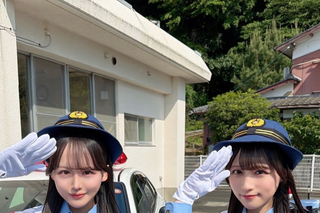 STU48・福田朱里＆原田清花、愛媛県西予警察署で1日警察署長に！白バイにまたがる姿も 画像