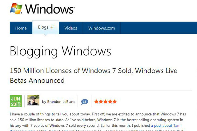 Windows 7のセールスが1億5千万ライセンスを突破 画像