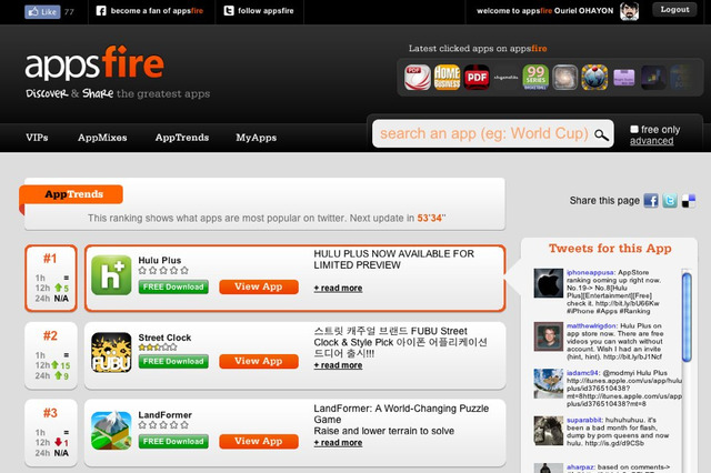 米ITベンチャー、ツイート数をもとにしたiPhoneアプリランキングを提供 画像