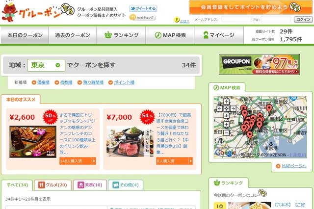 “Groupon系”サービスまとめサイト「グルーポンなう」がリニューアル……ポイント制導入やクーポン絞込み機能など 画像