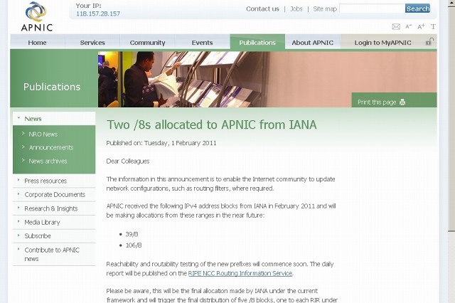 IPv4アドレス、いよいよ枯渇……最後の/8ブロックが分配完了へ 画像