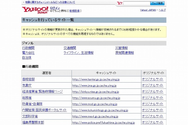 【地震】ヤフー、公共機関などのサイトのキャッシュサイト群を構築 画像