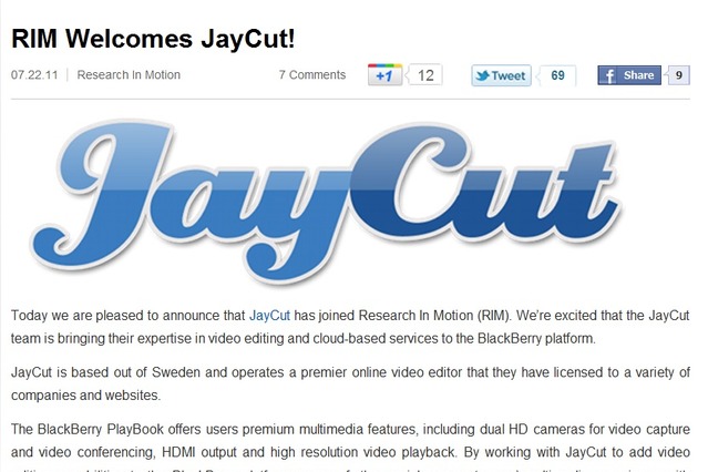 加RIM、動画編集ツールを提供するJayCutを買収 画像