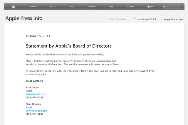 アップル取締役会の声明文……スティーブ・ジョブズ死去を受けて 画像