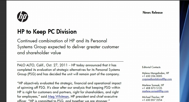 米HP、パソコン事業の維持・継続を決定 画像