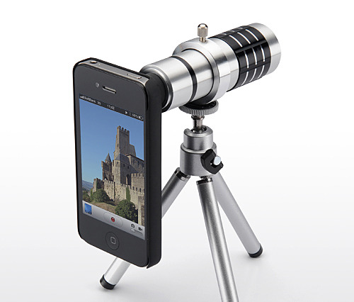 12倍の高倍率撮影、iPhone 4S・4用の三脚付き望遠レンズ 画像