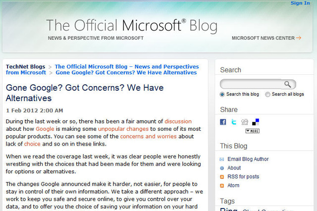 マイクロソフトが公式ブログでGoogleからの乗り換えを提案！ 批判広告も 画像
