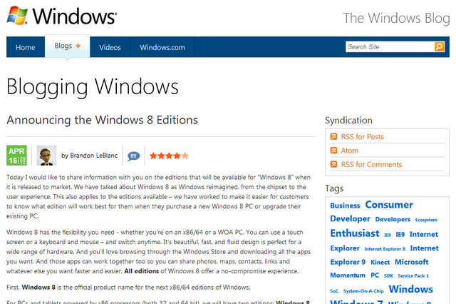 Windows 8がそのまま正式名称に決定！ 個人向けエディションは2種類に集約 画像