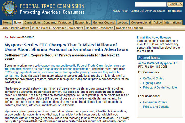 MySpaceがFTCと和解、プライバシー問題認め外部監査などを受け入れる 画像