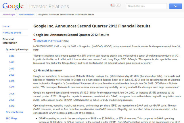 Googleが2012年第2四半期決算発表、過去最高の売上を記録 画像