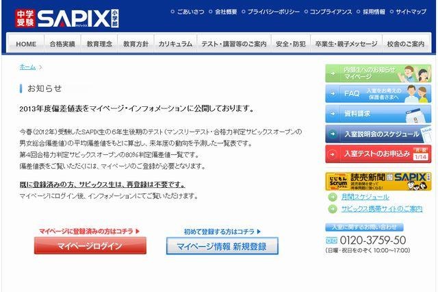 【中学受験2013】SAPIX第4回合格力判定80％判定偏差値を公開 画像
