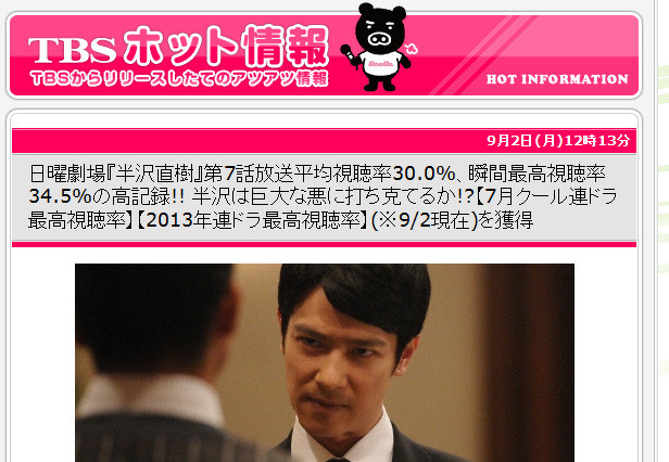 好調の「半沢直樹」、「ミタ」超えなるか――? 平均視聴率はついに30%台へ 画像