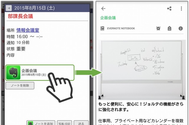 ジョルテ、Evernoteとの連携に対応……カレンダー日付でノートが参照可能に 画像