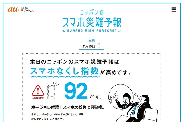 今日の水没・破損・紛失のキケン度は? KDDIが「スマホ災難予報」配信 画像