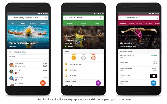 Google検索アプリ、リオ五輪の情報を網羅的にピックアップできるUIに変更 画像