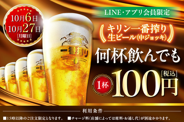 生ビール何杯飲んでも1杯100円！6日に白木屋・笑笑・魚民など813店舗でキャンペーン実施 画像