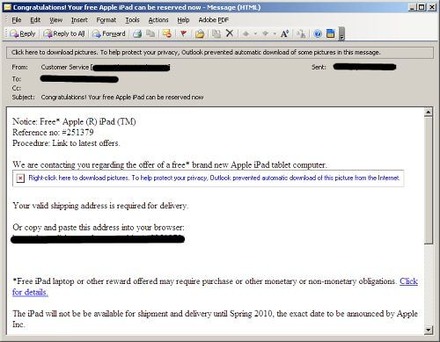 「iPad詐欺メール」の例